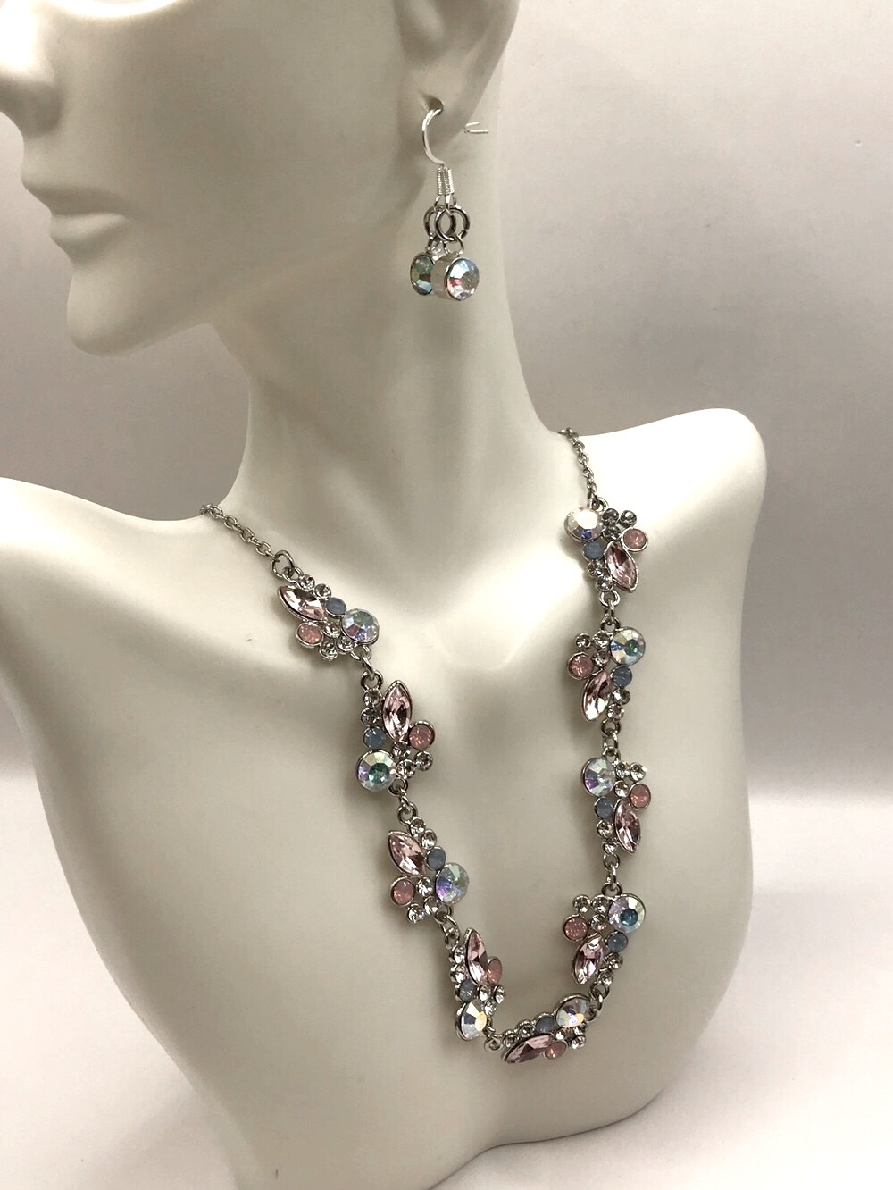 Silver-Tone Pink & Iridescent Crystal Statement Necklace with Matching Earrings